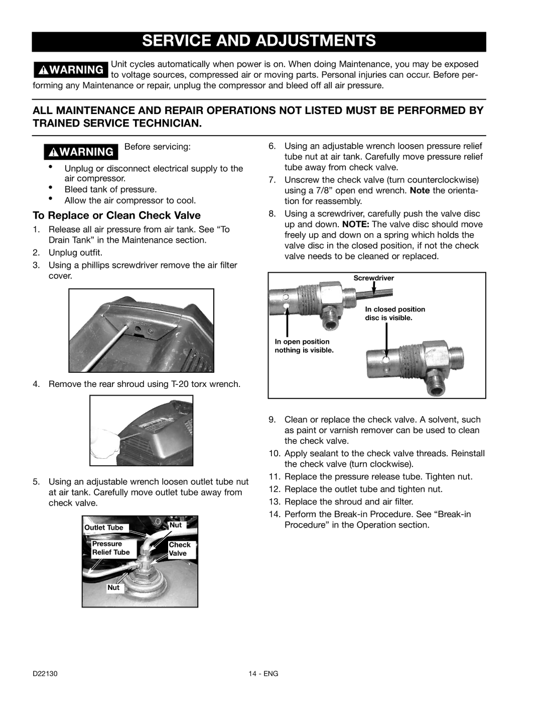 Craftsman 919.16778 manual Service and Adjustments, To Replace or Clean Check Valve 