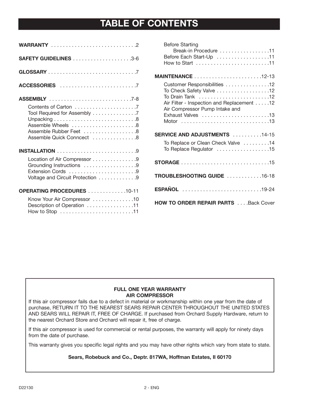 Craftsman 919.16778 manual Table of Contents 