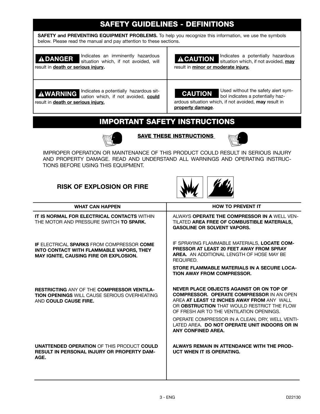 Craftsman 919.16778 manual Safety Guidelines Definitions, Risk of Explosion or Fire 