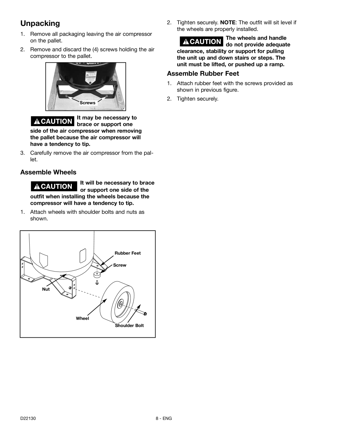 Craftsman 919.16778 manual Unpacking, Assemble Wheels, Assemble Rubber Feet 