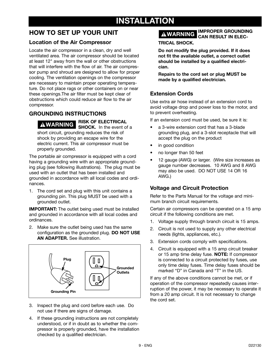 Craftsman 919.16778 manual Installation, Location of the Air Compressor, Grounding Instructions, Extension Cords 