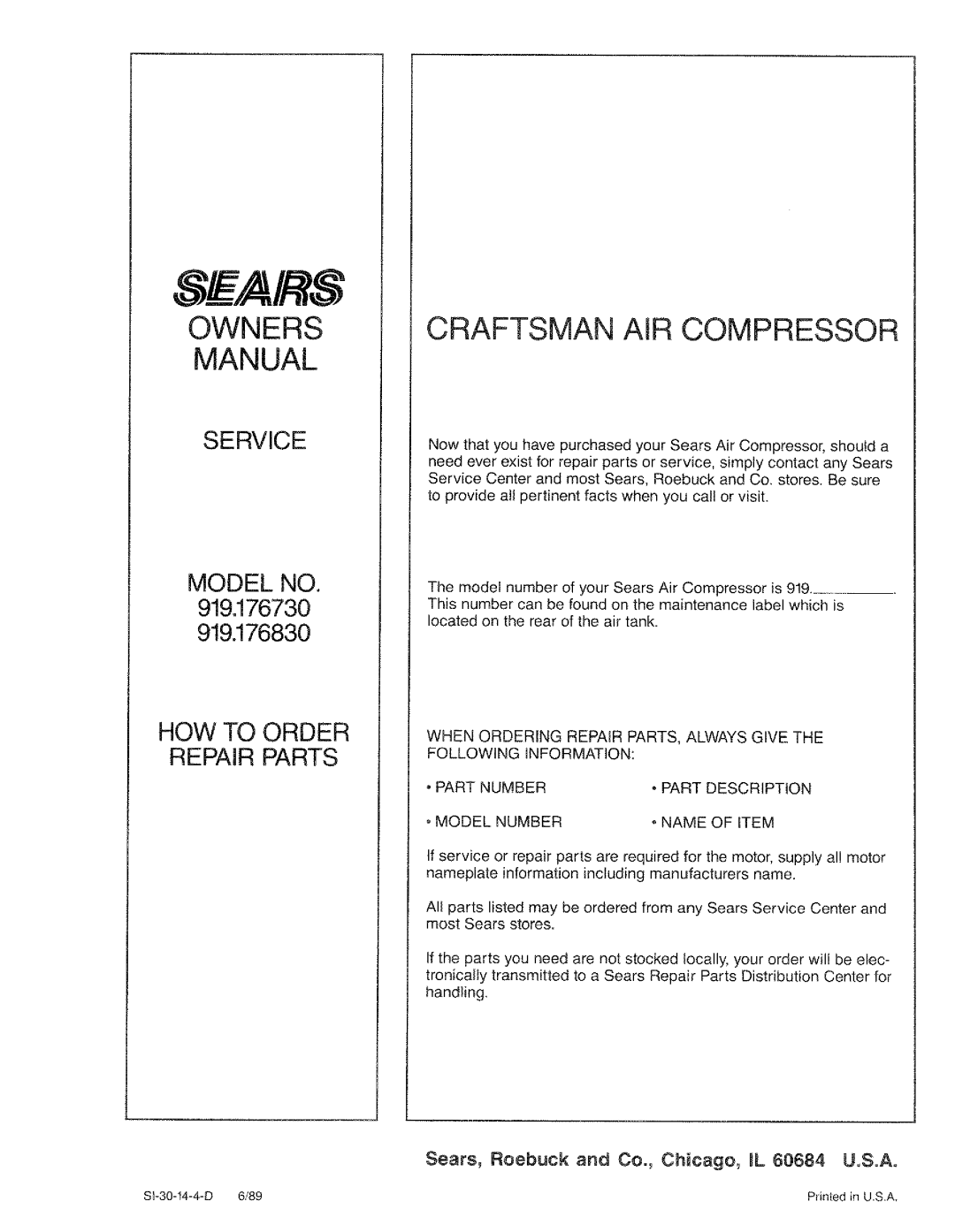 Craftsman 919.17673g, 919.176730, 919.176830 Craftsman AIR Compressor, Sears, Roebuck and Co., Chicago, L 60684 U.SoAo 