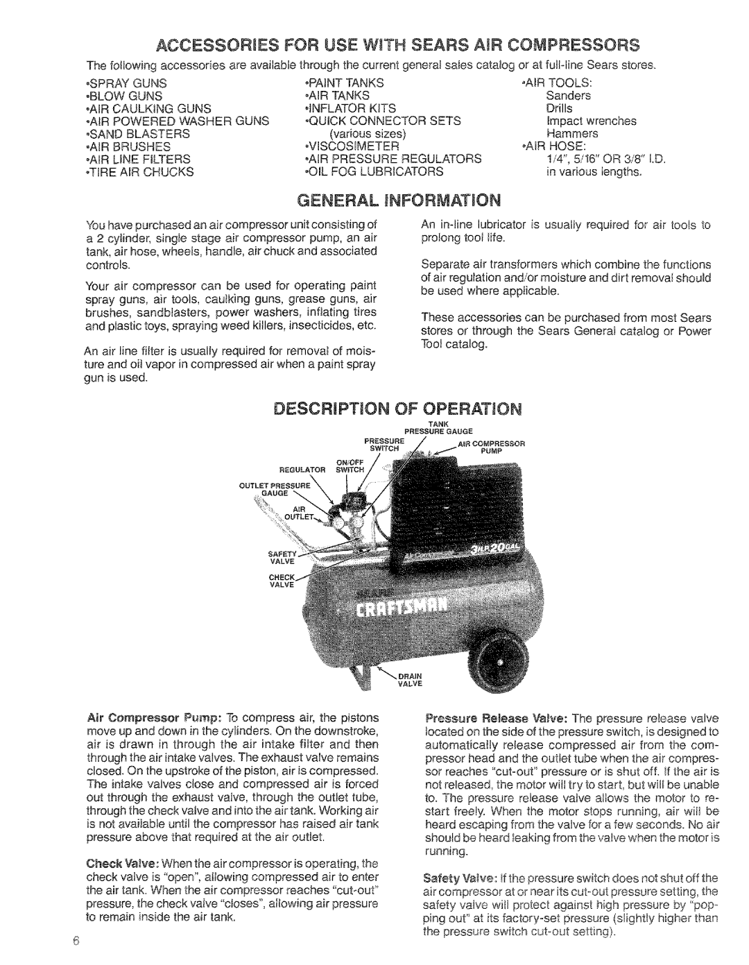 Craftsman 919.17673g, 919.176730, 919.176830 owner manual Accessories for USE WiTH Sears Compressors, General iNFORMATiON 