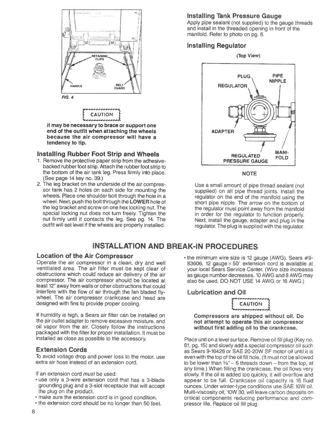 Craftsman 919.176730, 919.176830 Nstallatjon and BREAK= N Procedures, MnstagJiag Rubber Foot Strip and Wheels, Adapter 