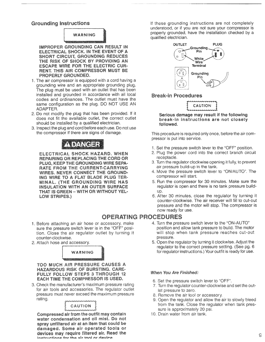 Craftsman 919.176830, 919.176730 Operating Procedures, Grounding nstructions, Electrical SHOCK= in the Event of a 