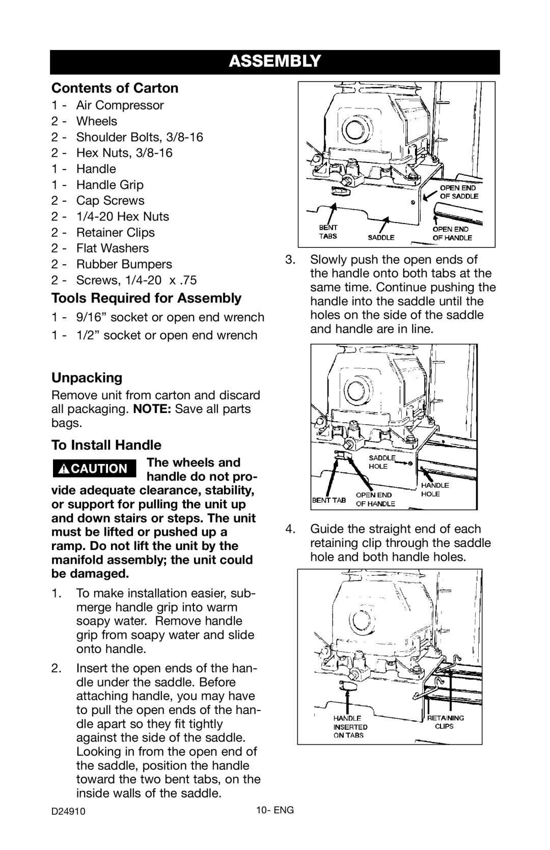 Craftsman 919.19541 owner manual Contents of Carton, Tools Required for Assembly, Unpacking, To Install Handle 