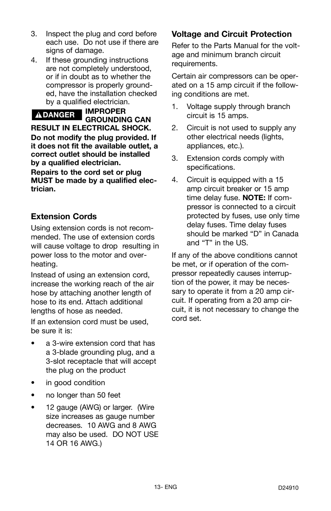 Craftsman 919.19541 owner manual Extension Cords, Voltage and Circuit Protection 