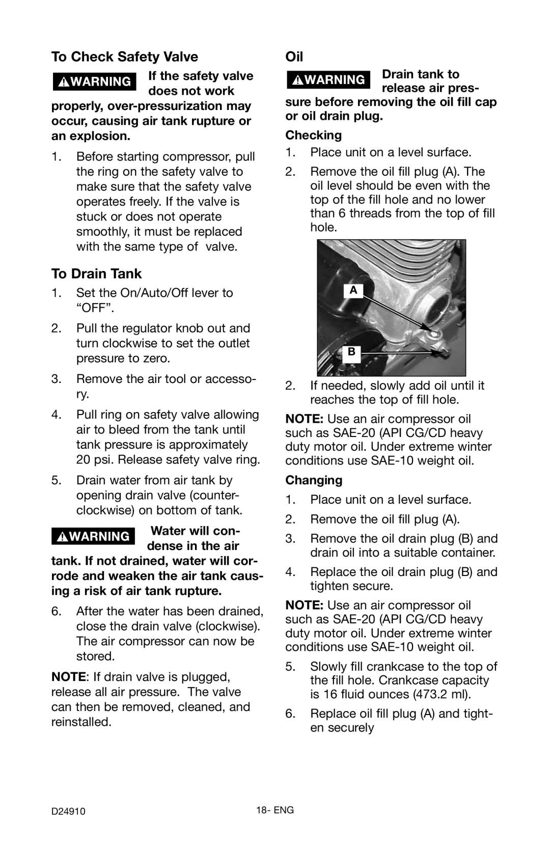 Craftsman 919.19541 owner manual To Check Safety Valve, To Drain Tank, Oil, Changing 