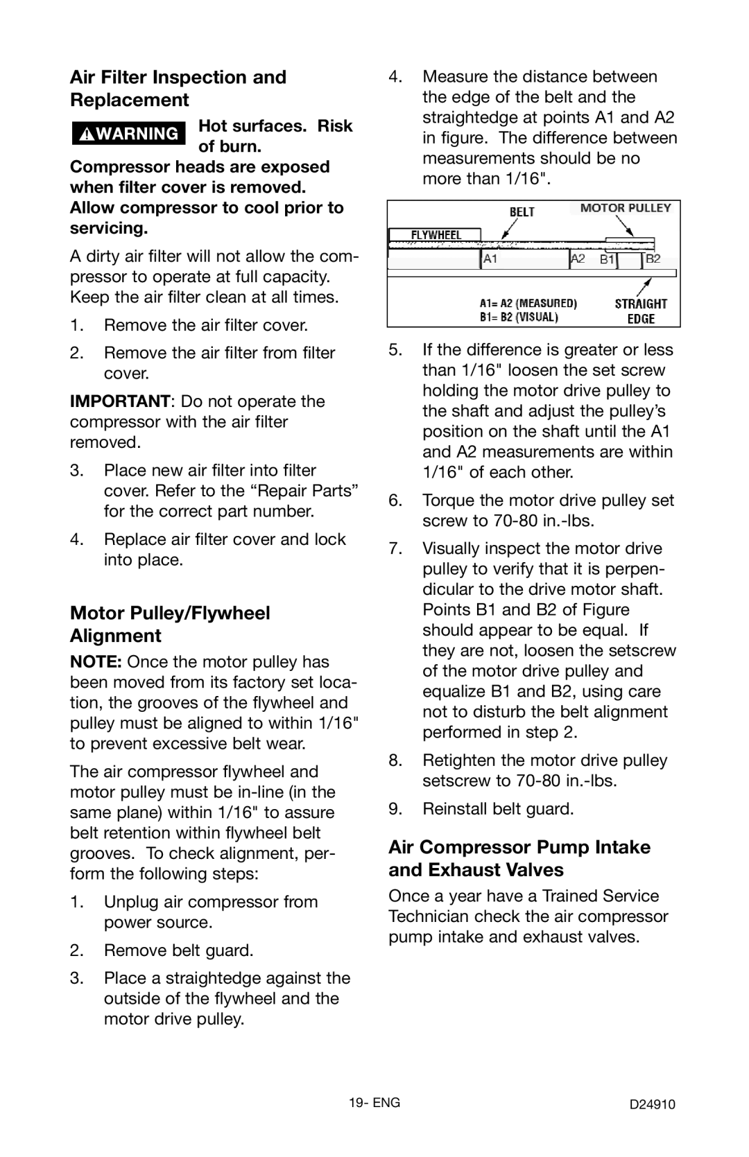 Craftsman 919.19541 owner manual Air Filter Inspection Replacement, Motor Pulley/Flywheel Alignment 