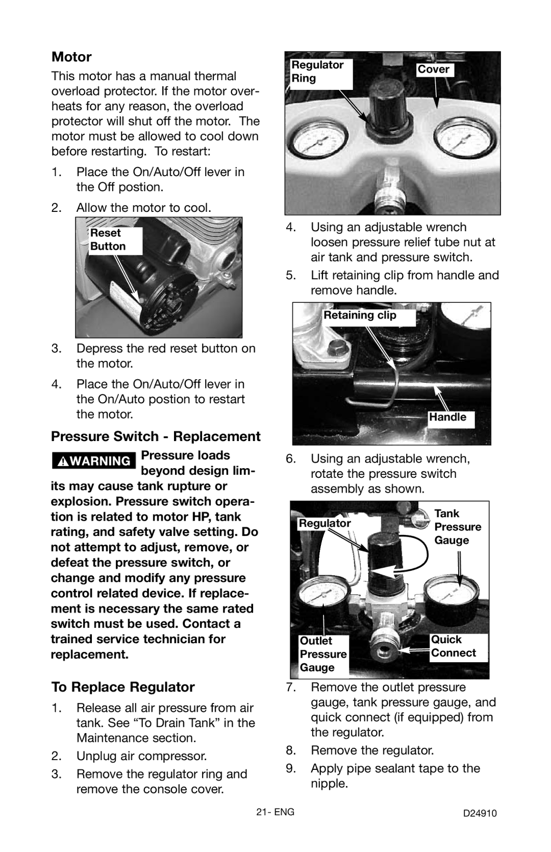 Craftsman 919.19541 owner manual Motor, Pressure Switch Replacement, To Replace Regulator 