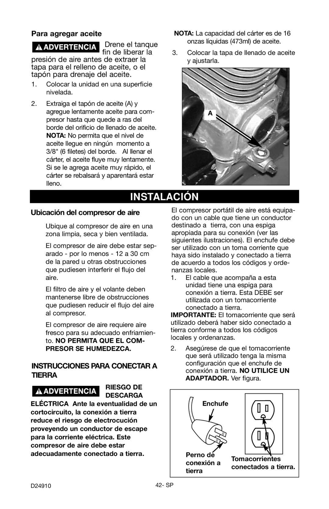 Craftsman 919.19541 owner manual Instalación, Para agregar aceite, Ubicación del compresor de aire, Enchufe 