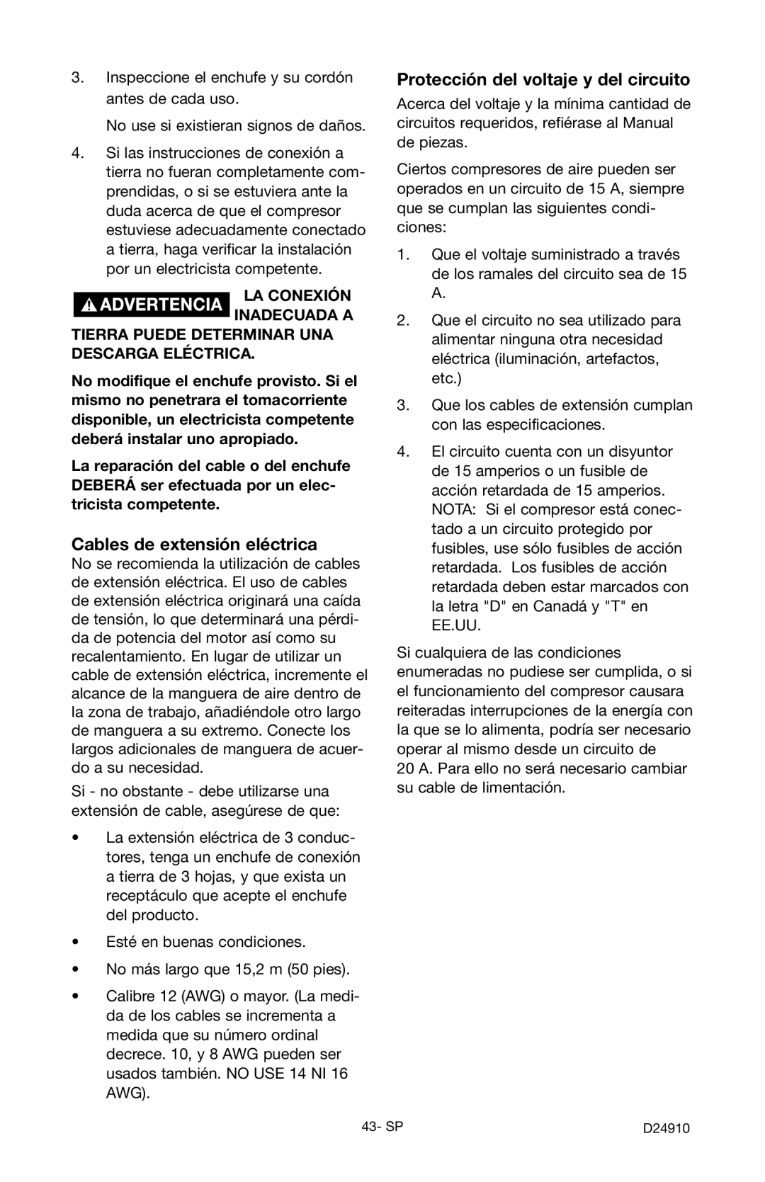 Craftsman 919.19541 owner manual Cables de extensión eléctrica, Protección del voltaje y del circuito 