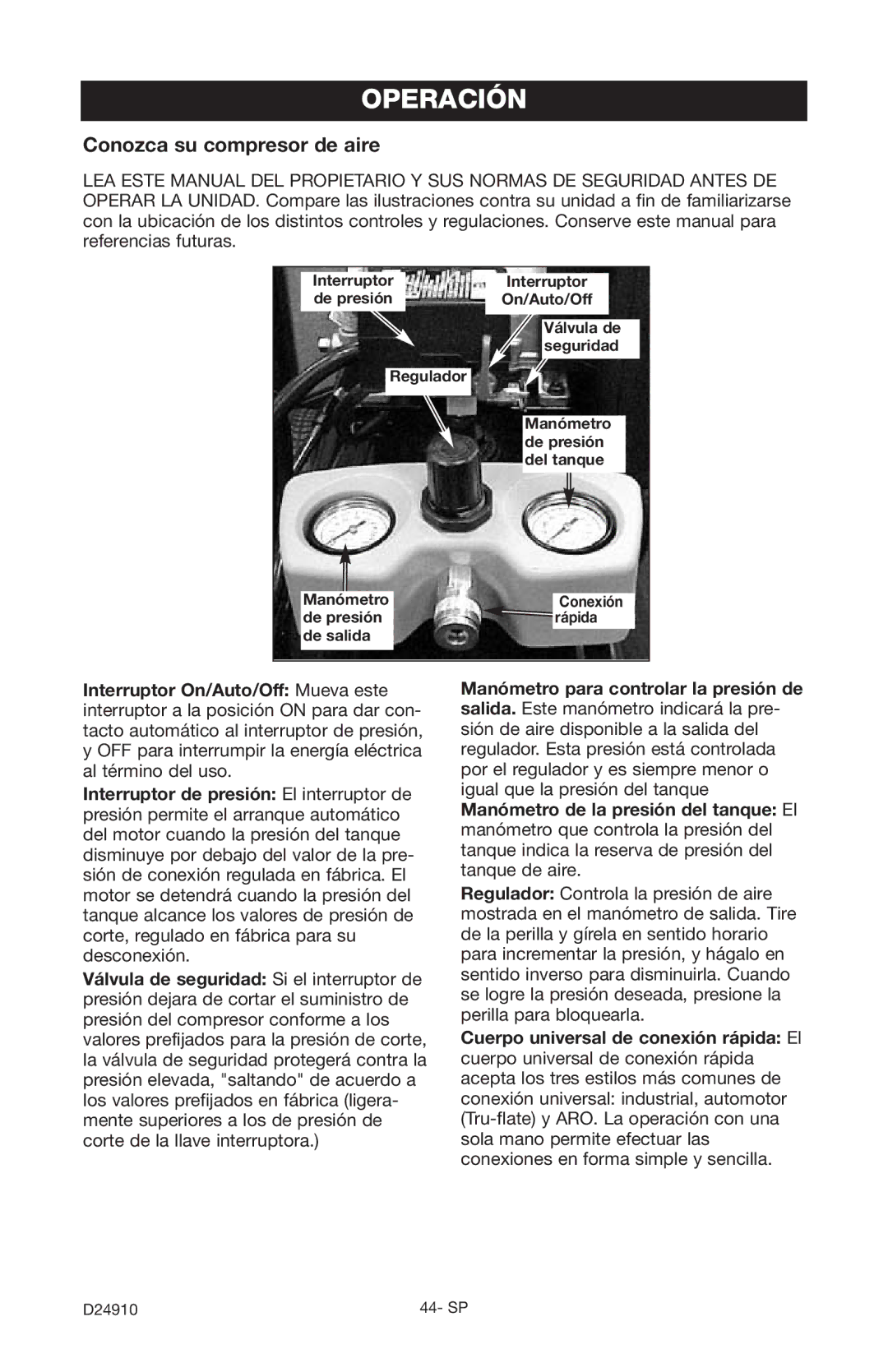 Craftsman 919.19541 owner manual Operación, Conozca su compresor de aire 