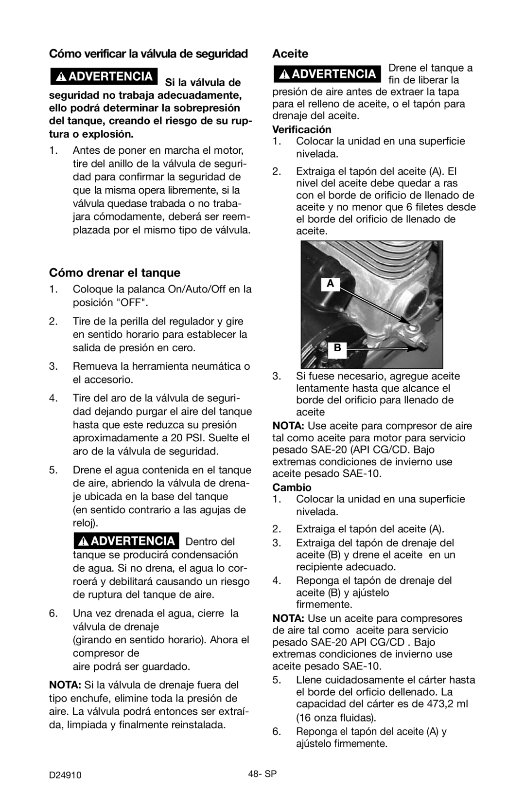 Craftsman 919.19541 Cómo verificar la válvula de seguridad, Aceite, Cómo drenar el tanque, Verificación, Cambio 