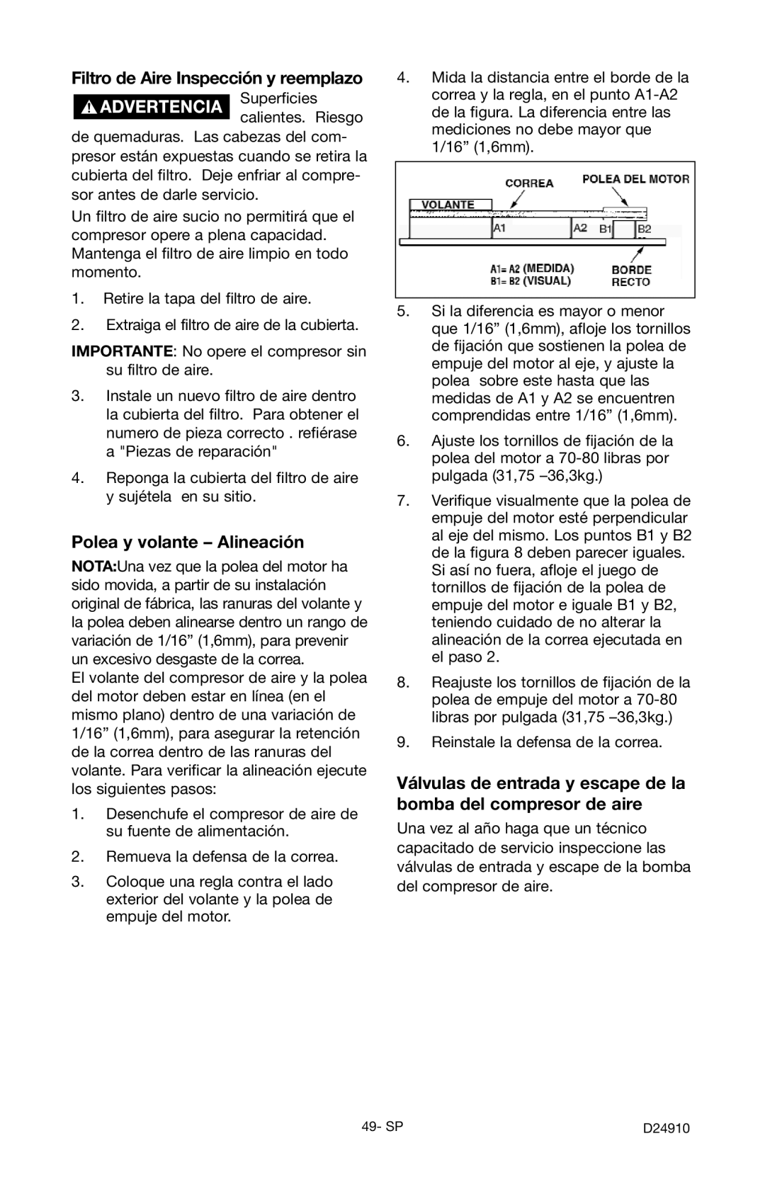 Craftsman 919.19541 owner manual Filtro de Aire Inspección y reemplazo, Polea y volante Alineación 