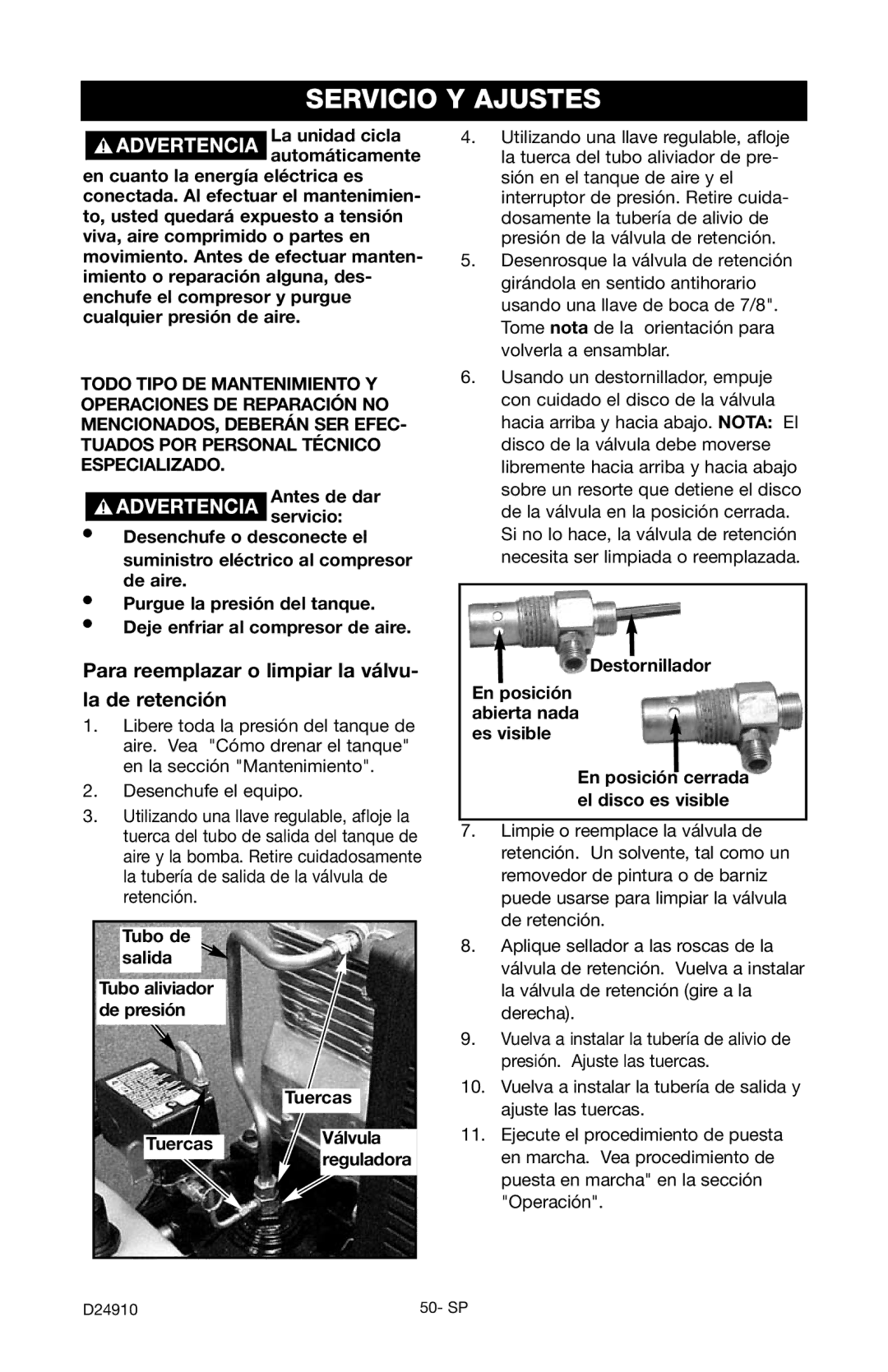 Craftsman 919.19541 owner manual Servicio Y Ajustes, Para reemplazar o limpiar la válvu La de retención, Tubo de salida 