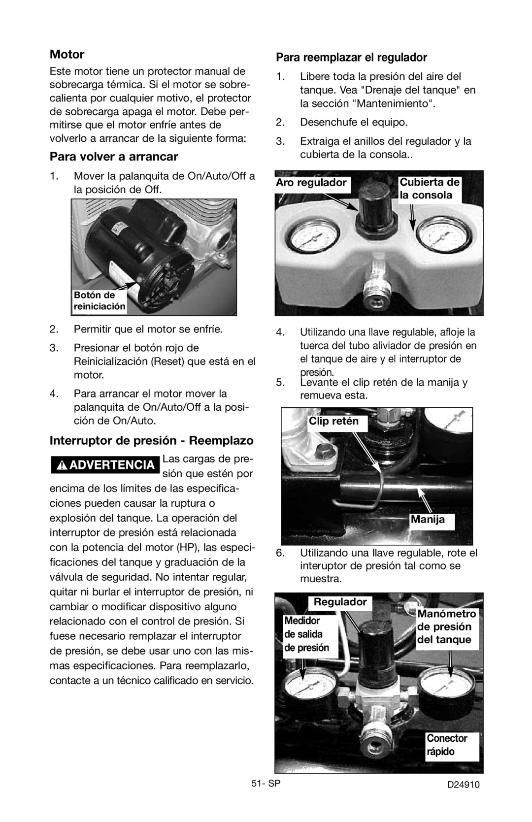 Craftsman 919.19541 Motor, Para volver a arrancar, Para reemplazar el regulador, Interruptor de presión Reemplazo 