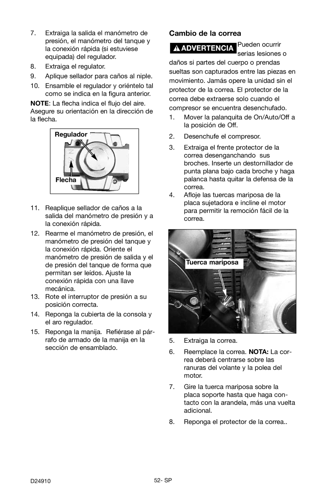 Craftsman 919.19541 owner manual Cambio de la correa, Regulador Flecha, Tuerca mariposa 