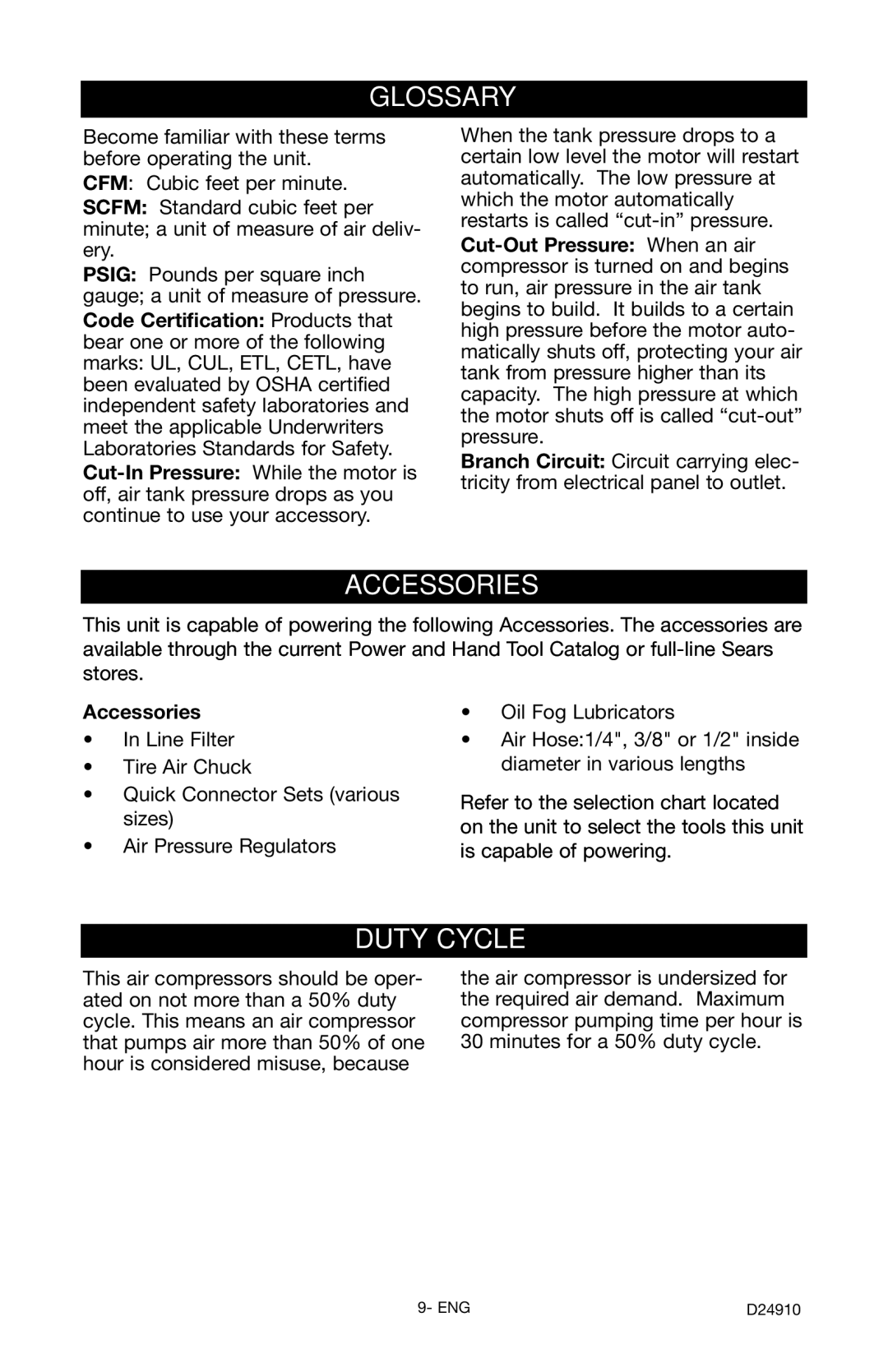 Craftsman 919.19541 owner manual Glossary, Accessories, Duty Cycle 