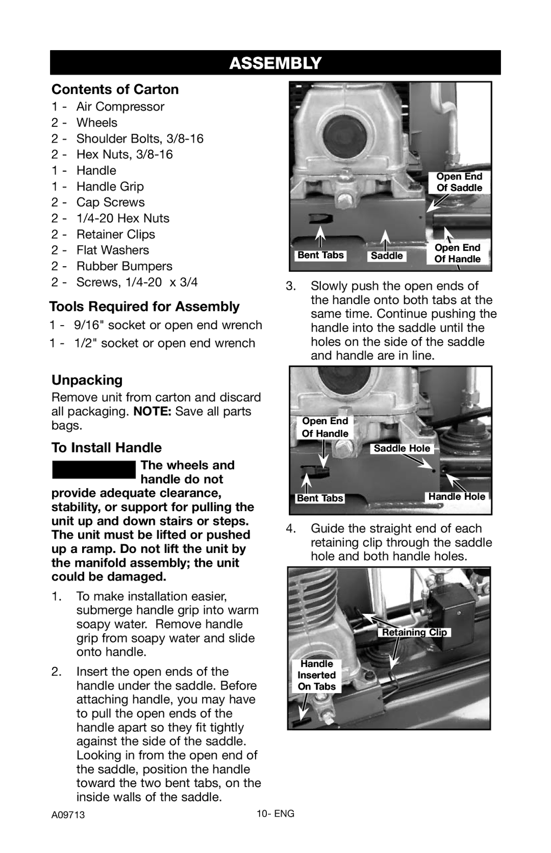 Craftsman 919.195411 owner manual Contents of Carton, Tools Required for Assembly, Unpacking, To Install Handle 