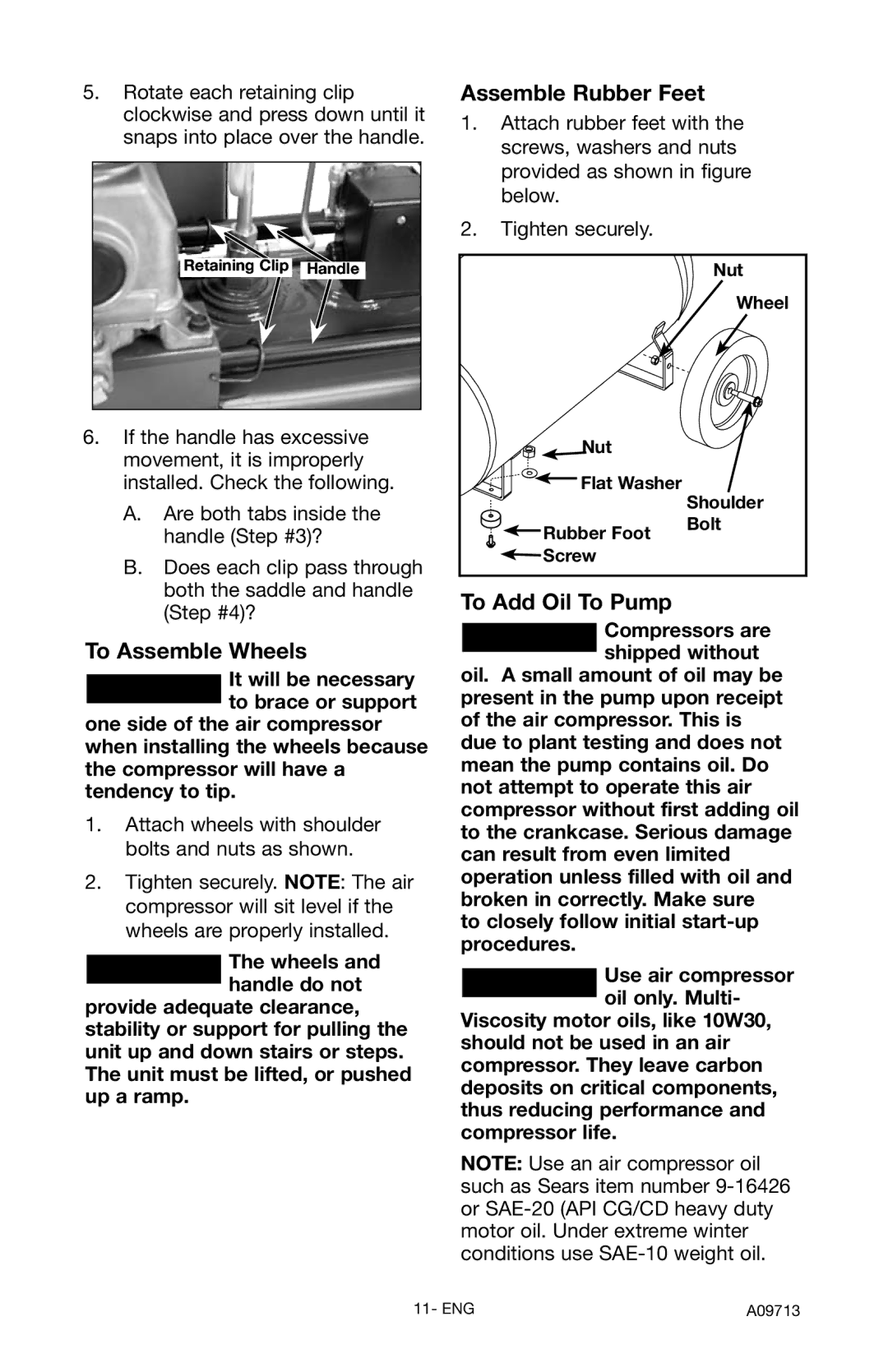 Craftsman 919.195411 owner manual Assemble Rubber Feet, To Assemble Wheels, To Add Oil To Pump 