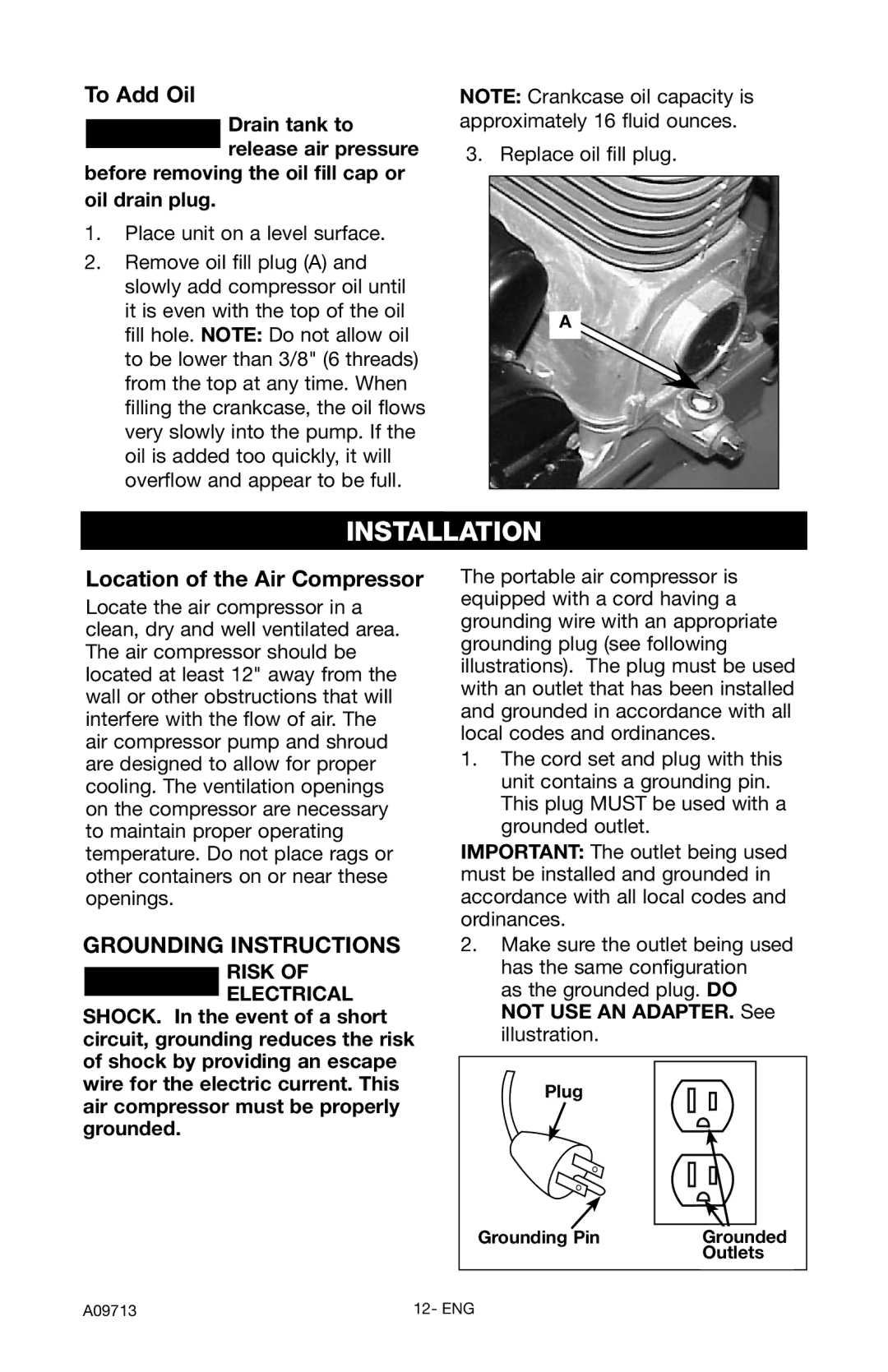 Craftsman 919.195411 owner manual Installation, To Add Oil, Location of the Air Compressor, Grounding Instructions 