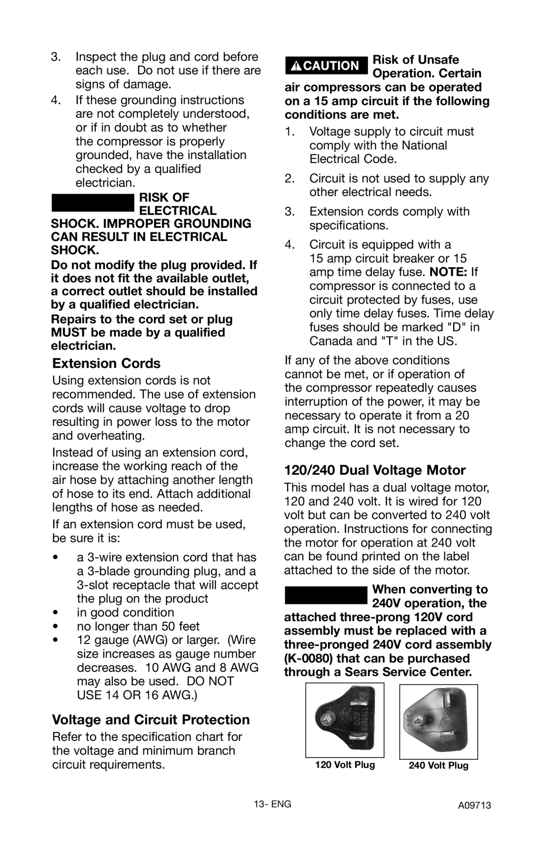 Craftsman 919.195411 owner manual Extension Cords, Voltage and Circuit Protection, 120/240 Dual Voltage Motor 