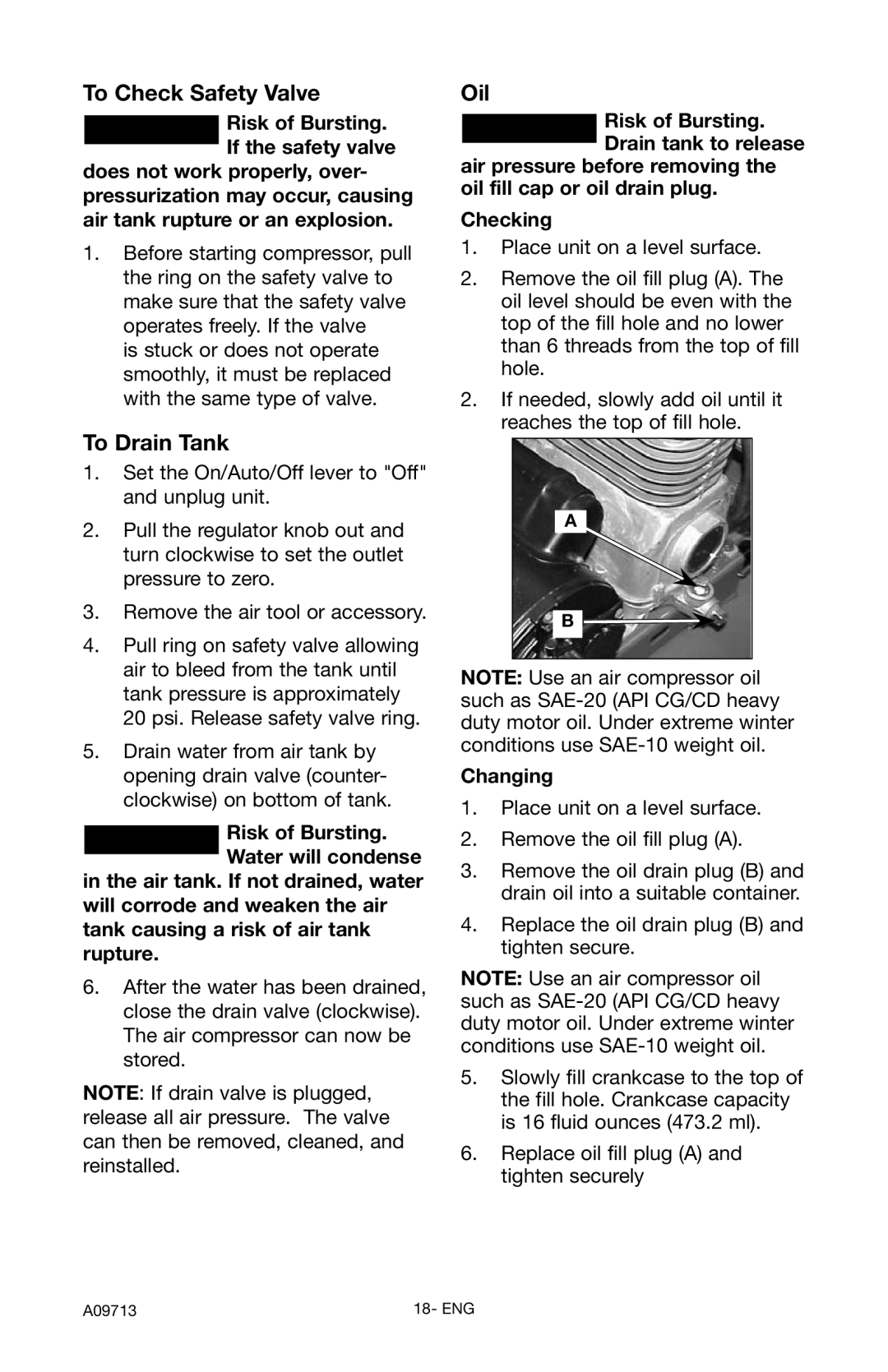 Craftsman 919.195411 owner manual To Check Safety Valve, To Drain Tank, Oil, Changing 