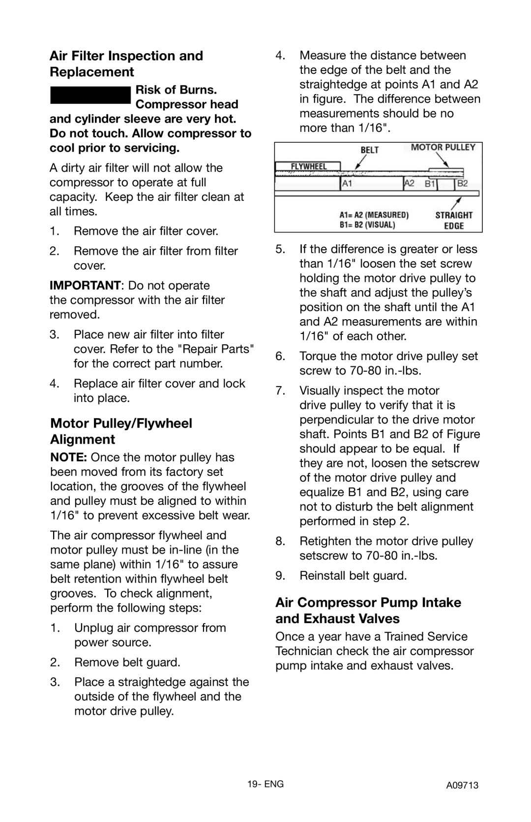 Craftsman 919.195411 owner manual Air Filter Inspection Replacement, Motor Pulley/Flywheel Alignment 