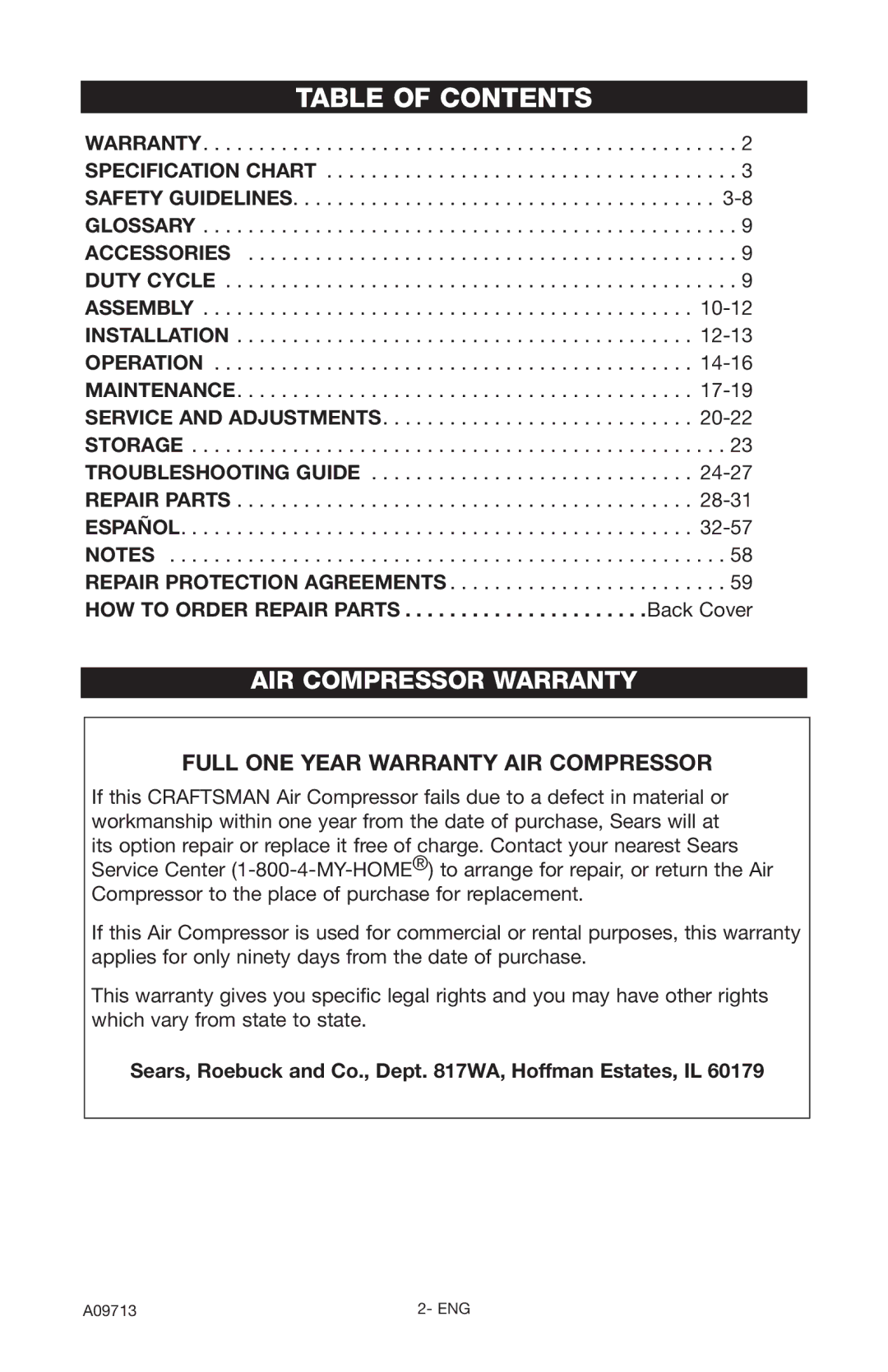 Craftsman 919.195411 owner manual Table of Contents 