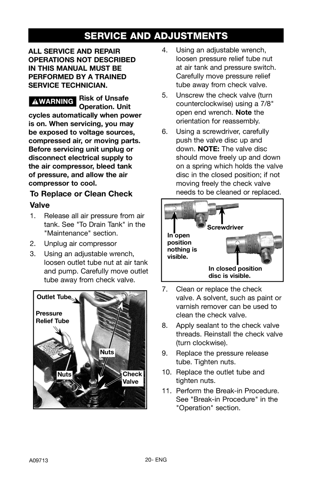 Craftsman 919.195411 owner manual Service and Adjustments, To Replace or Clean Check Valve, Pressure Relief Tube Nuts Nu ts 