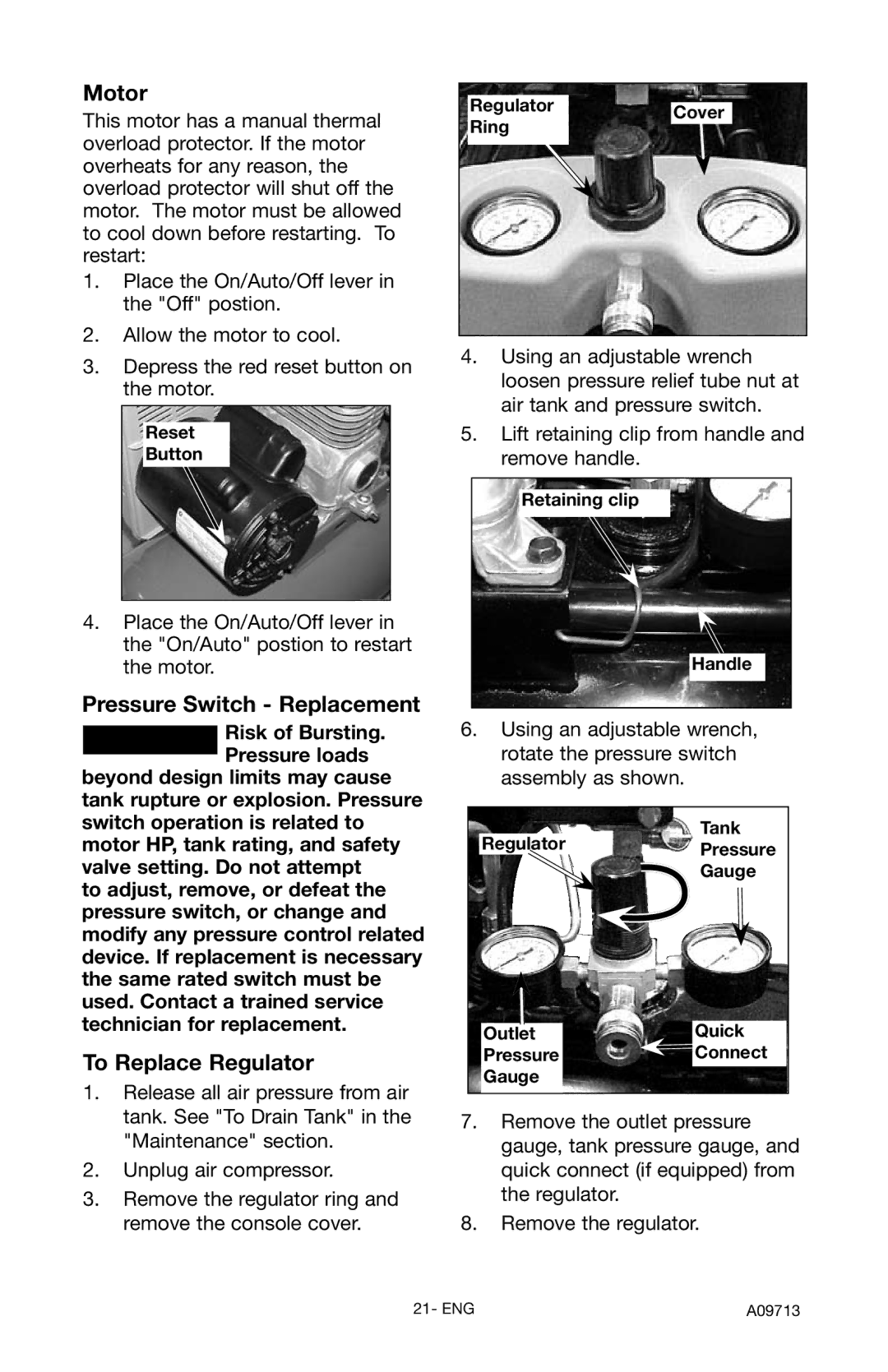 Craftsman 919.195411 owner manual Motor, Pressure Switch Replacement, To Replace Regulator 