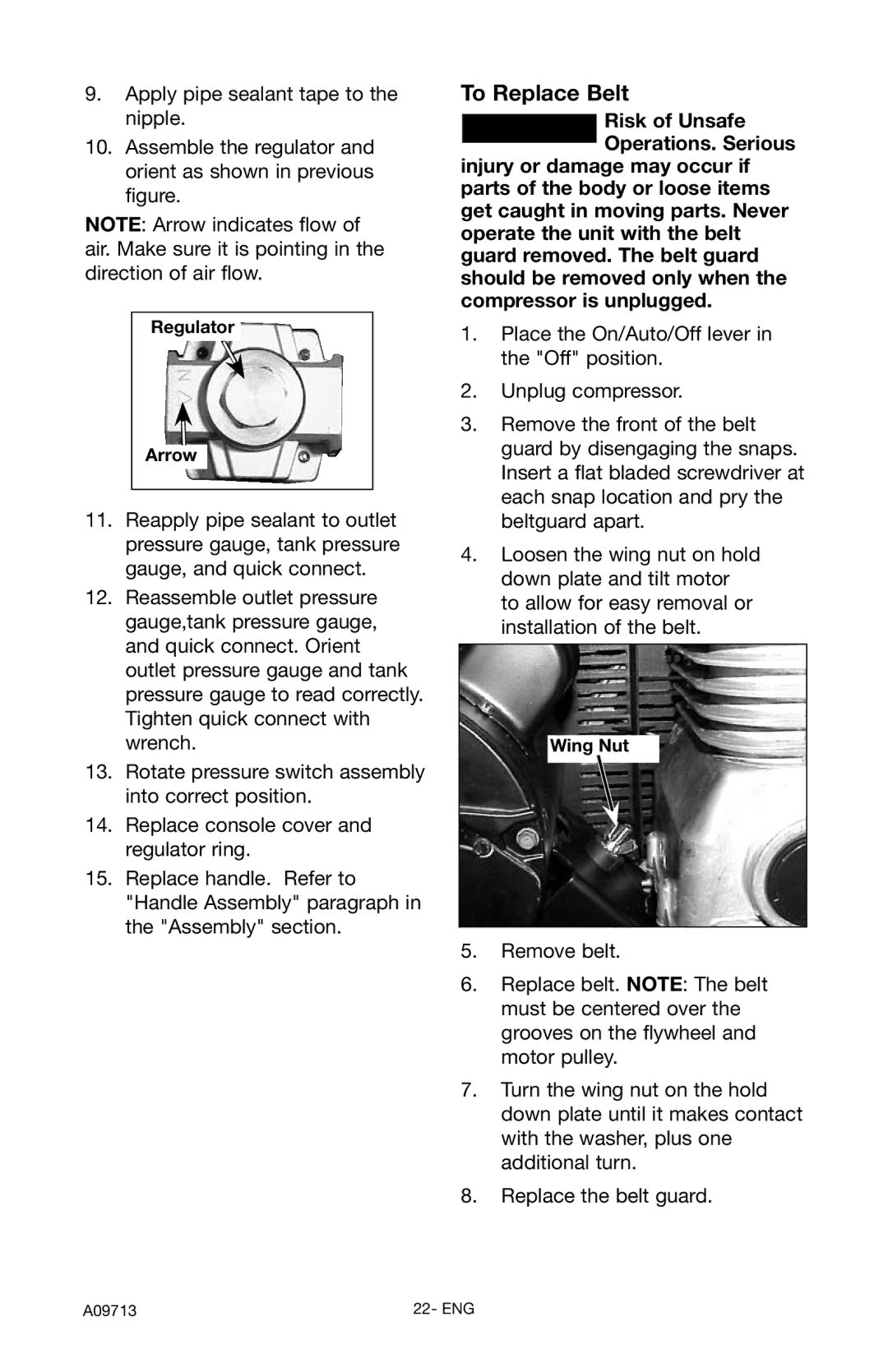 Craftsman 919.195411 owner manual To Replace Belt, Regulator Arrow, Wing Nut 