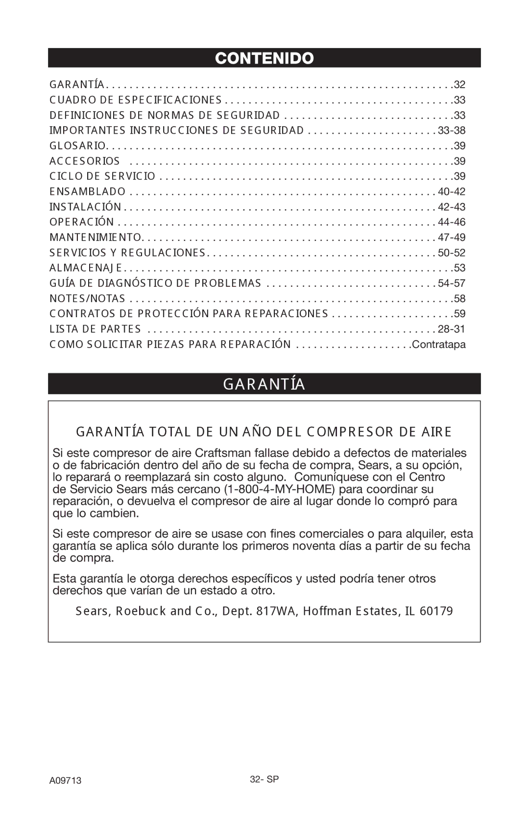 Craftsman 919.195411 owner manual Contenido, Garantía Total DE UN AÑO DEL Compresor DE Aire 