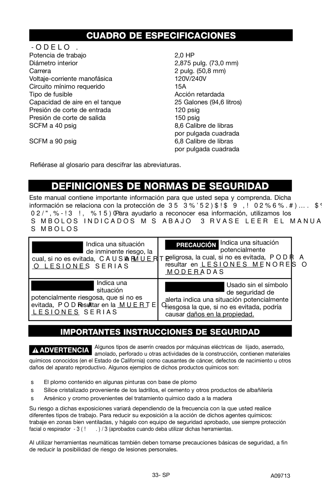 Craftsman owner manual Definiciones DE Normas DE Seguridad, Modelo Nº 919.195411, Lesiones serias 