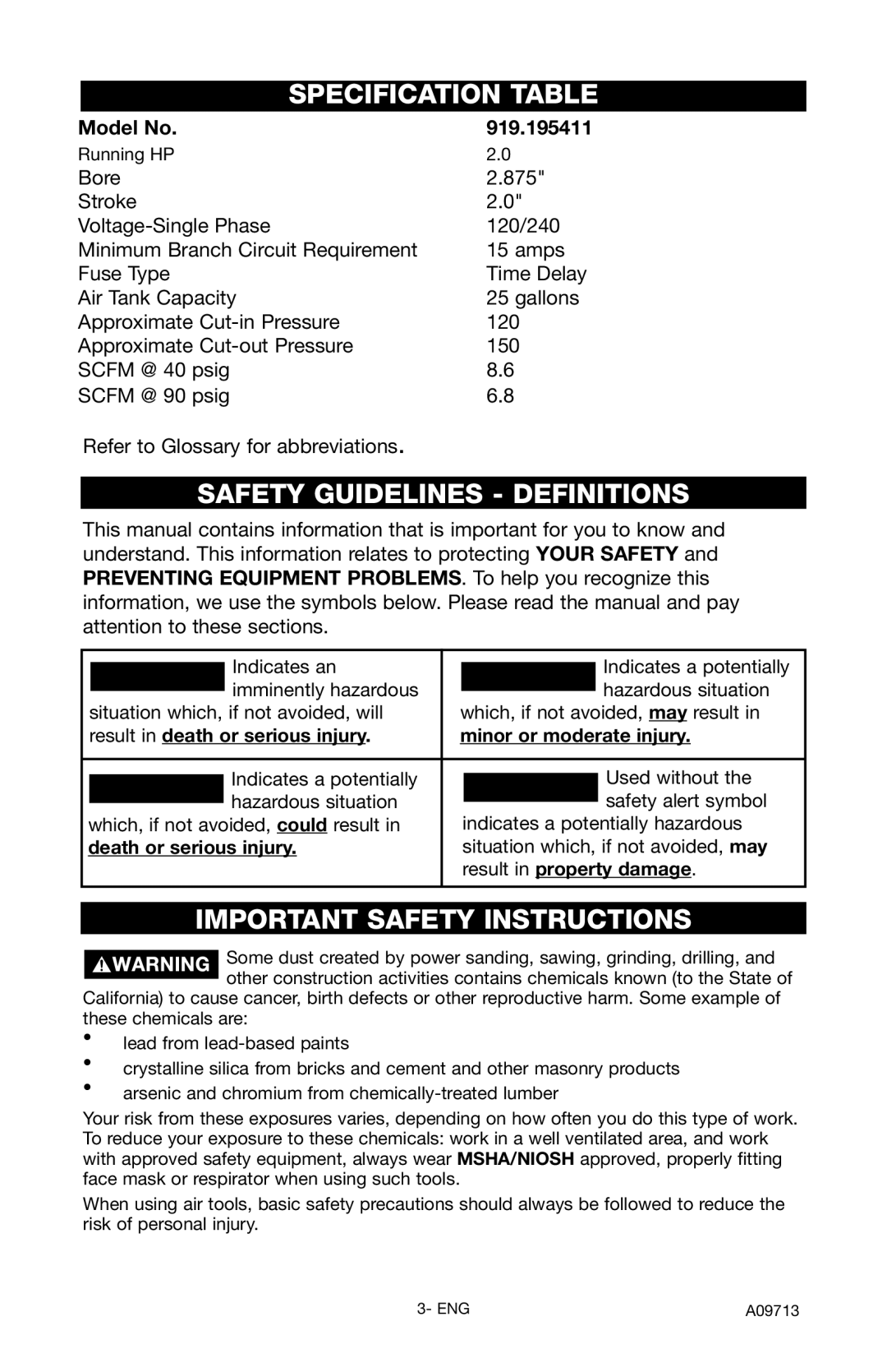 Craftsman 919.195411 owner manual Specification Table, Safety Guidelines Definitions, Important Safety Instructions 