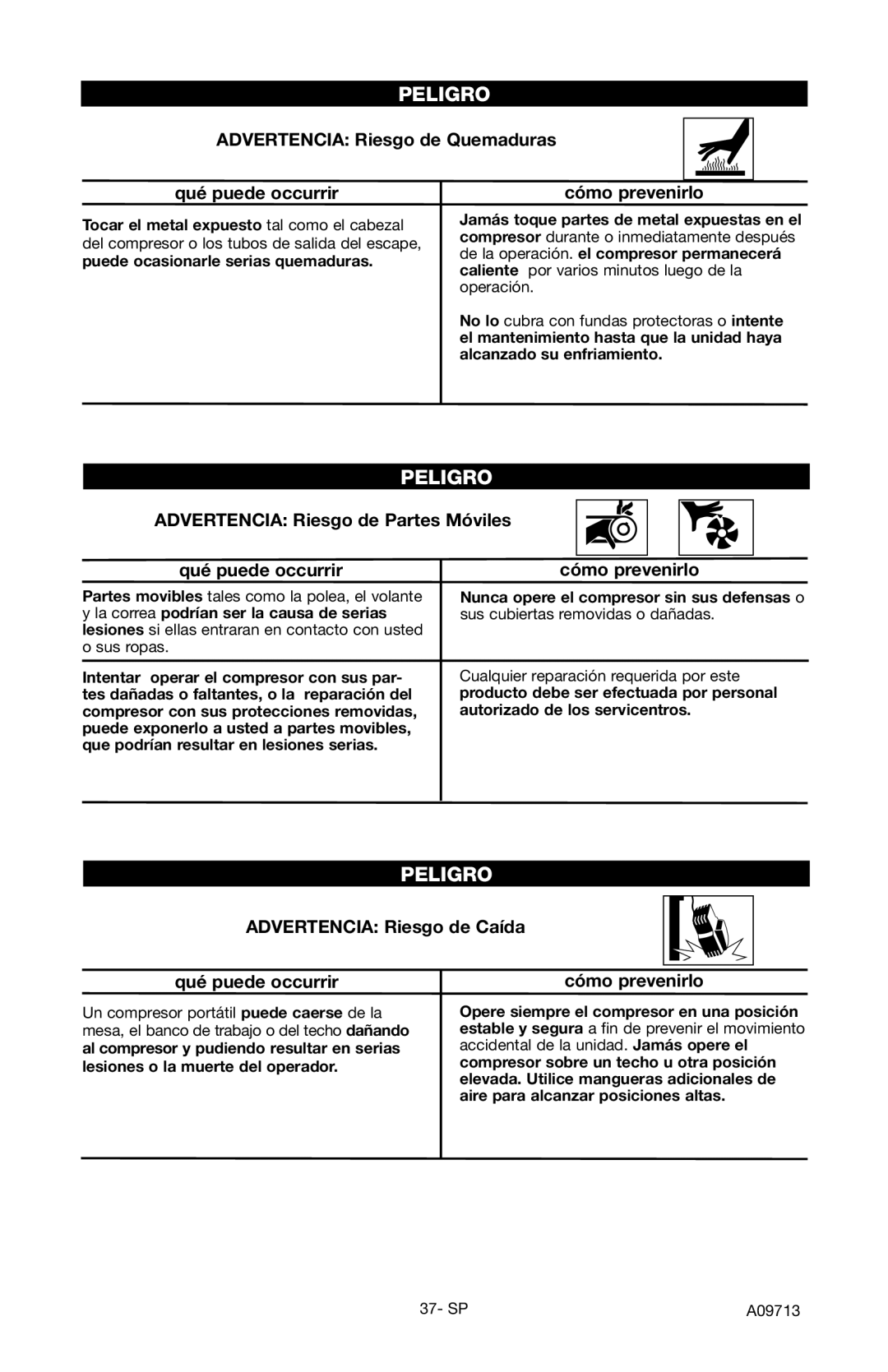 Craftsman 919.195411 Advertencia Riesgo de Quemaduras Qué puede occurrir, Advertencia Riesgo de Caída Qué puede occurrir 