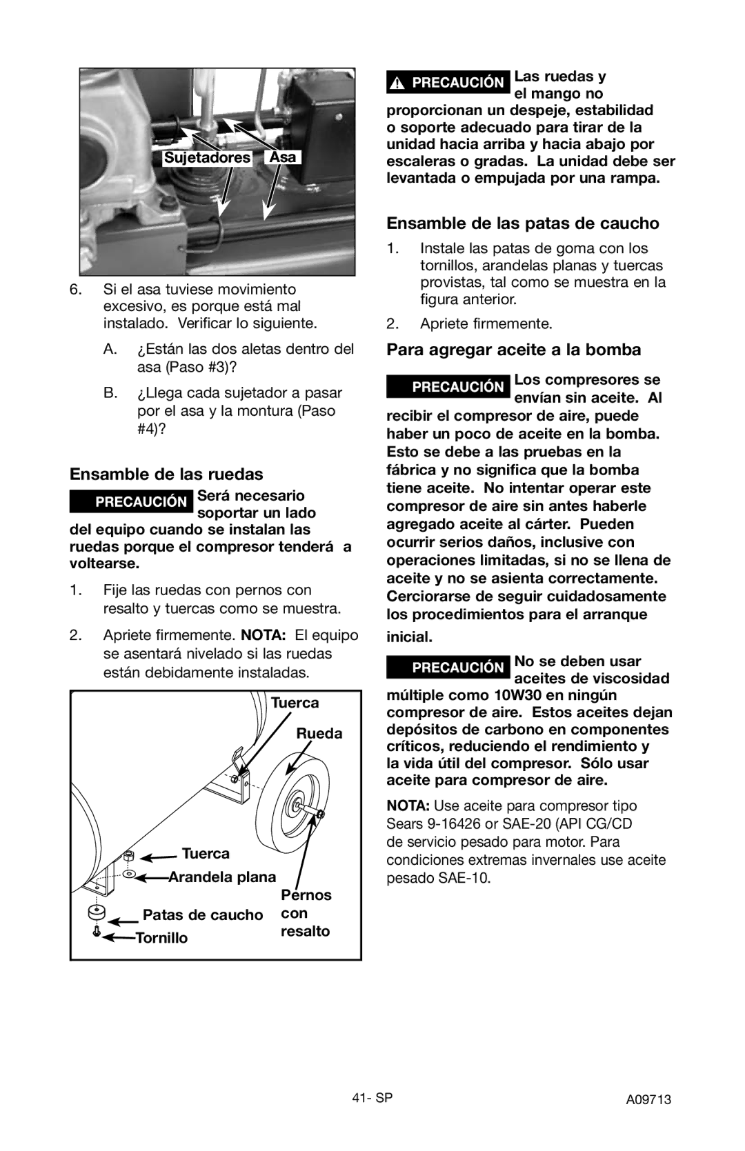 Craftsman 919.195411 owner manual Ensamble de las ruedas, Ensamble de las patas de caucho, Para agregar aceite a la bomba 