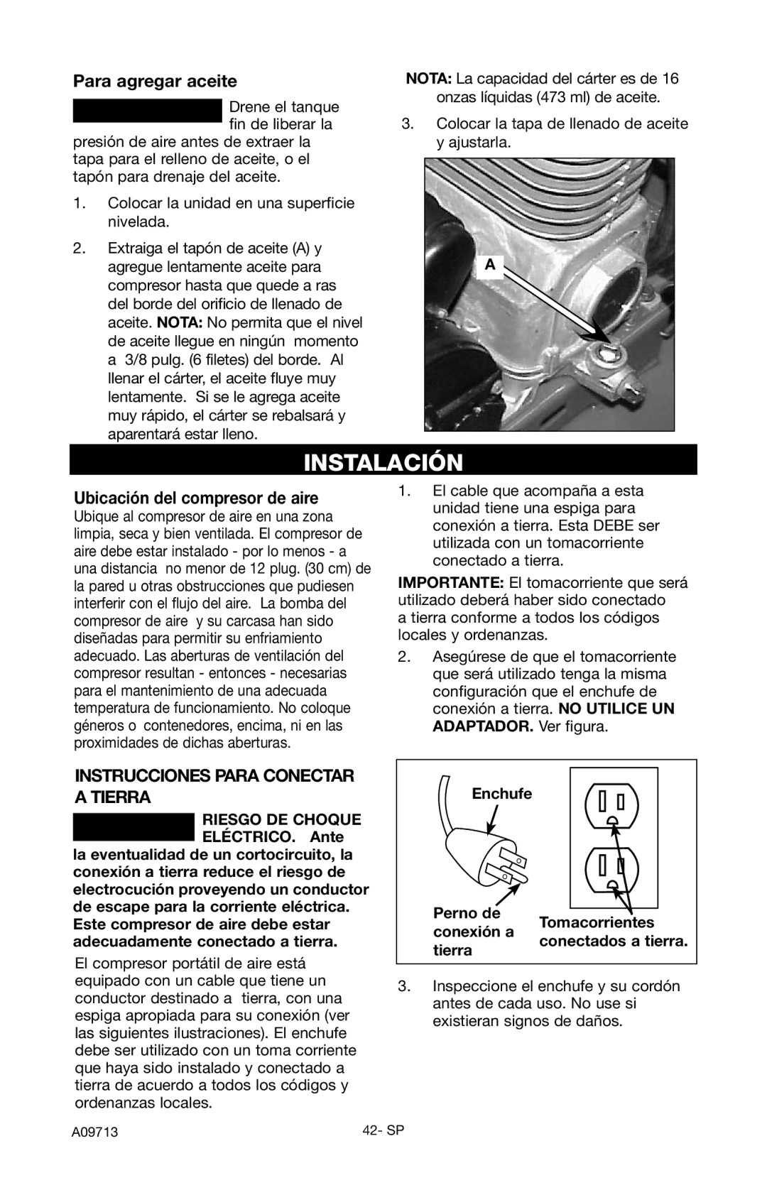 Craftsman 919.195411 Instalación, Para agregar aceite, ELÉCTRICO. Ante, Enchufe Perno de Tomacorrientes Conexión a, Tierra 