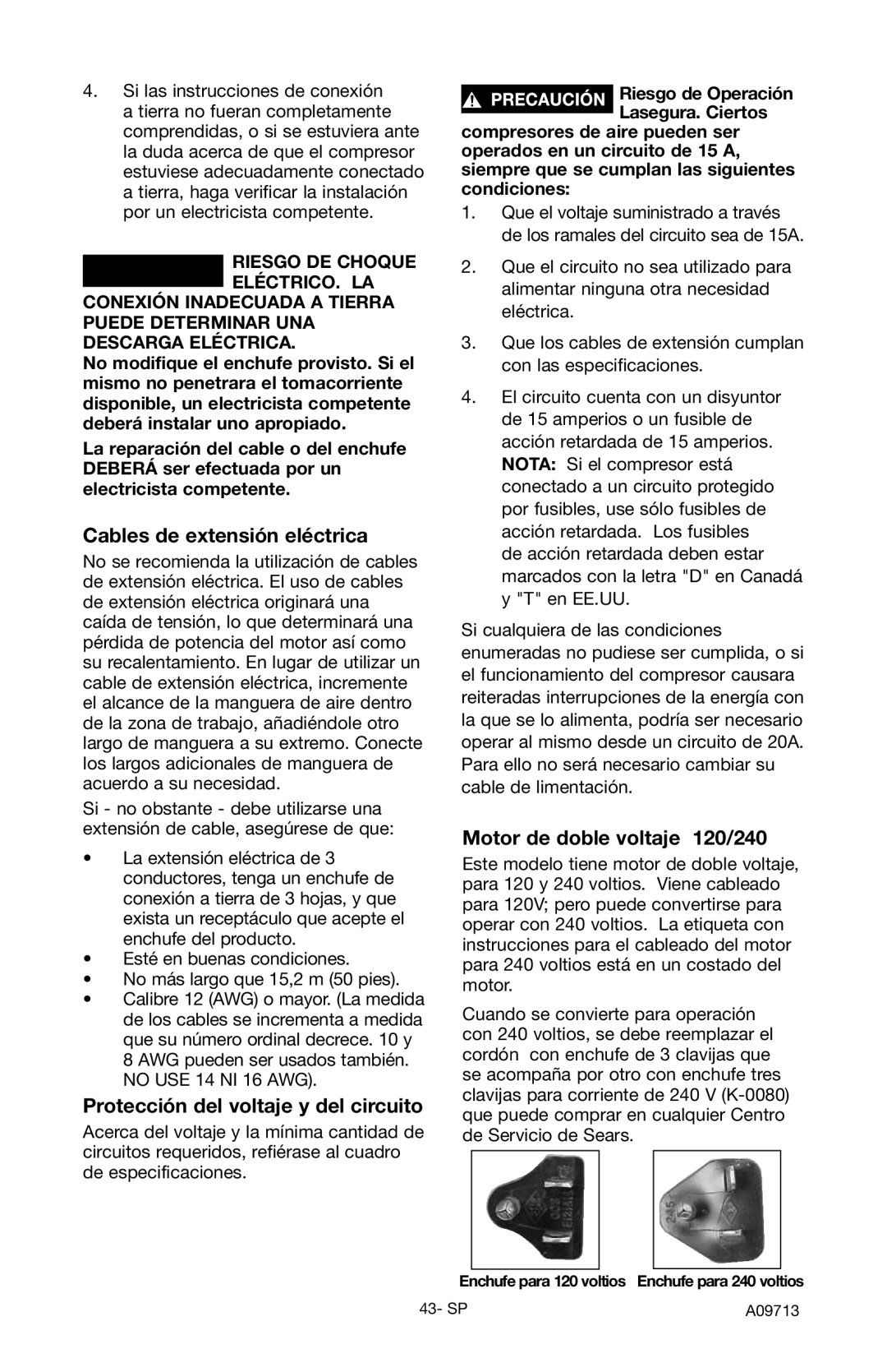 Craftsman 919.195411 Cables de extensión eléctrica, Protección del voltaje y del circuito, Motor de doble voltaje 120/240 