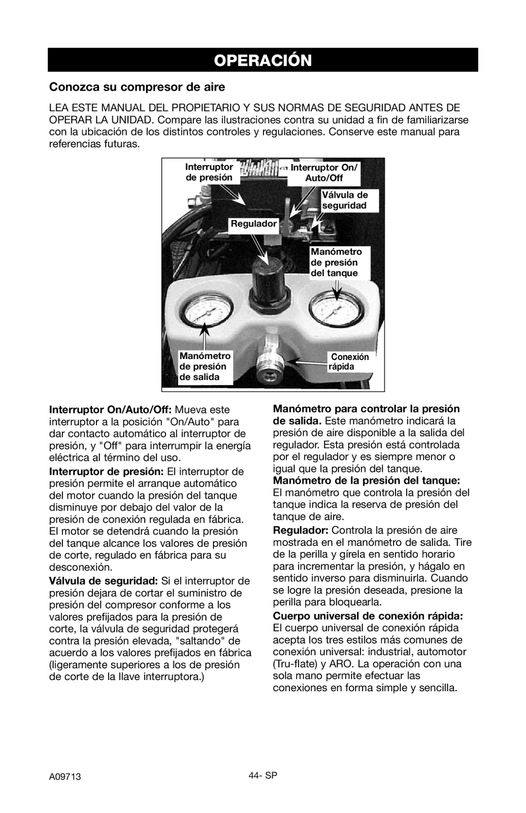 Craftsman 919.195411 owner manual Operación, Conozca su compresor de aire 