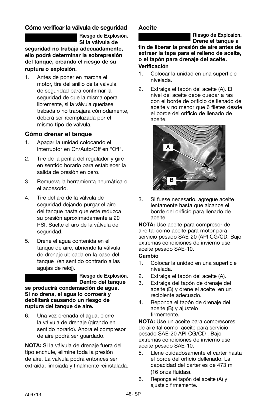 Craftsman 919.195411 owner manual Cómo verificar la válvula de seguridad, Cómo drenar el tanque, Aceite 