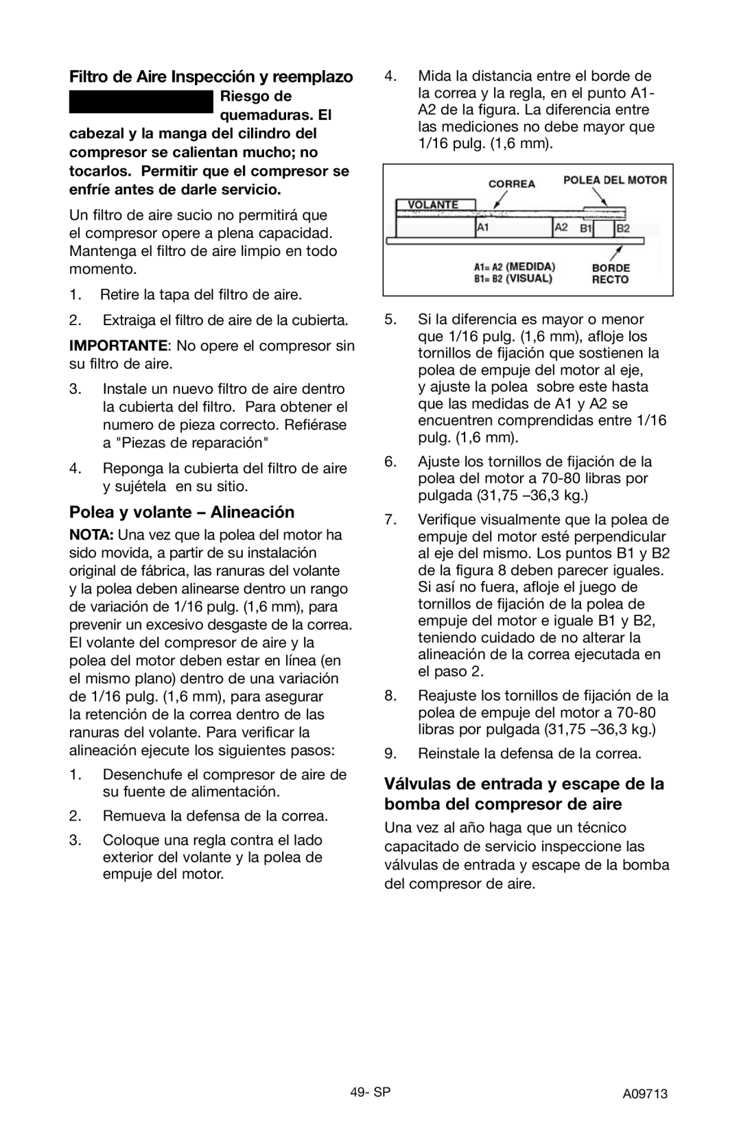 Craftsman 919.195411 owner manual Filtro de Aire Inspección y reemplazo, Polea y volante Alineación 