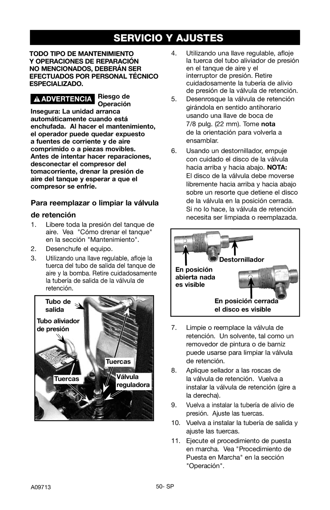 Craftsman 919.195411 owner manual Servicio Y Ajustes, Para reemplazar o limpiar la válvula de retención 