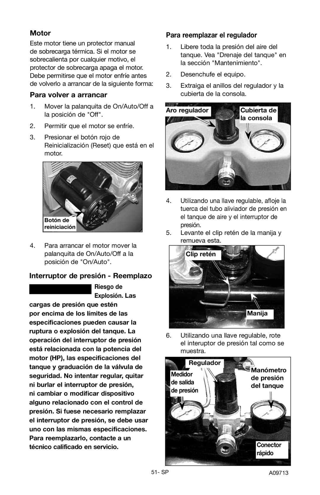 Craftsman 919.195411 Motor, Para volver a arrancar, Para reemplazar el regulador, Interruptor de presión Reemplazo 