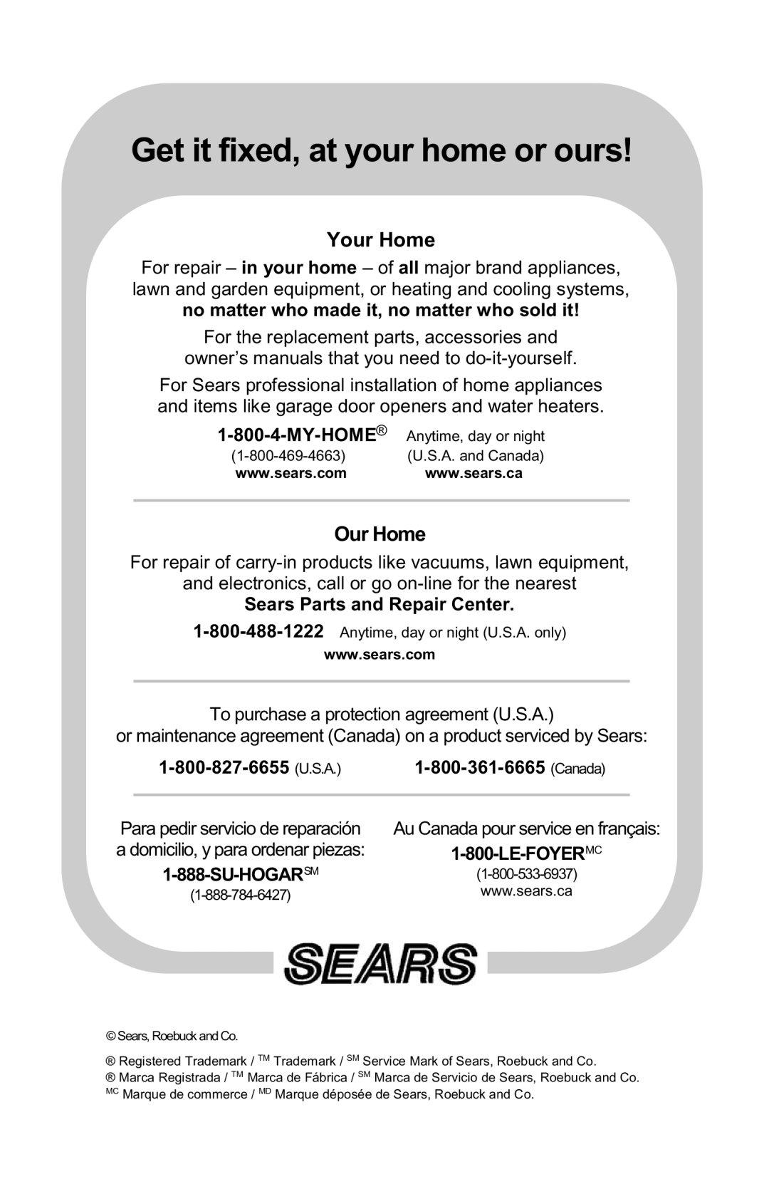 Craftsman 919.195411 owner manual My-Home, Sears Parts and Repair Center, Canada, Su-Hogarsm, Le-Foyermc 