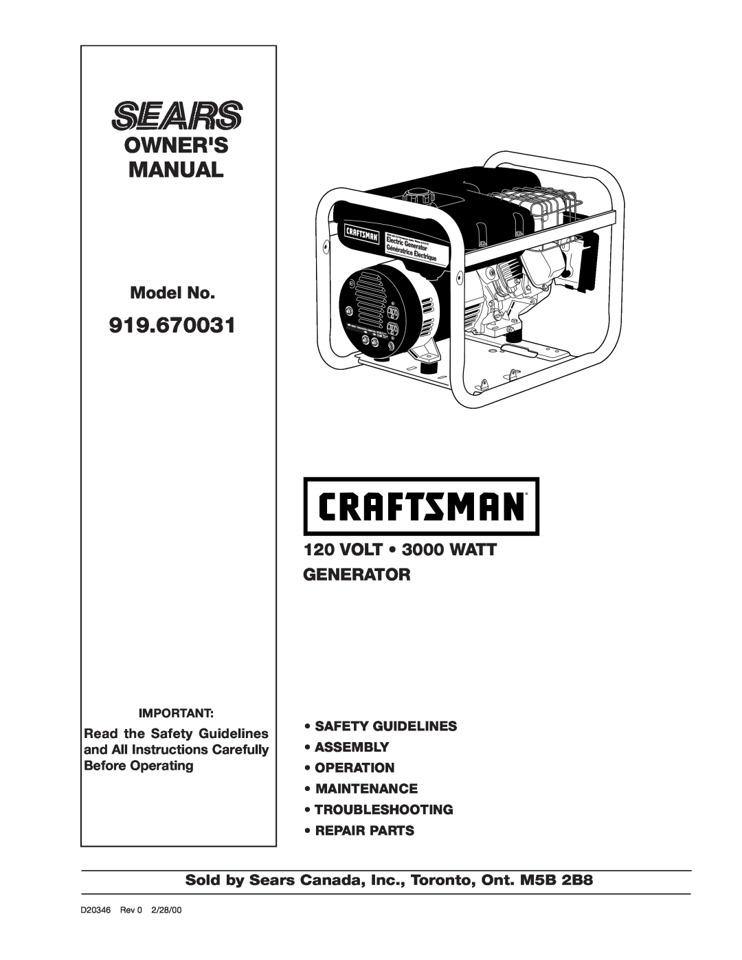 Craftsman D20346 owner manual Owners Manual, 919.670031, Model No, VOLT 3000 WATT GENERATOR, Before Operating 