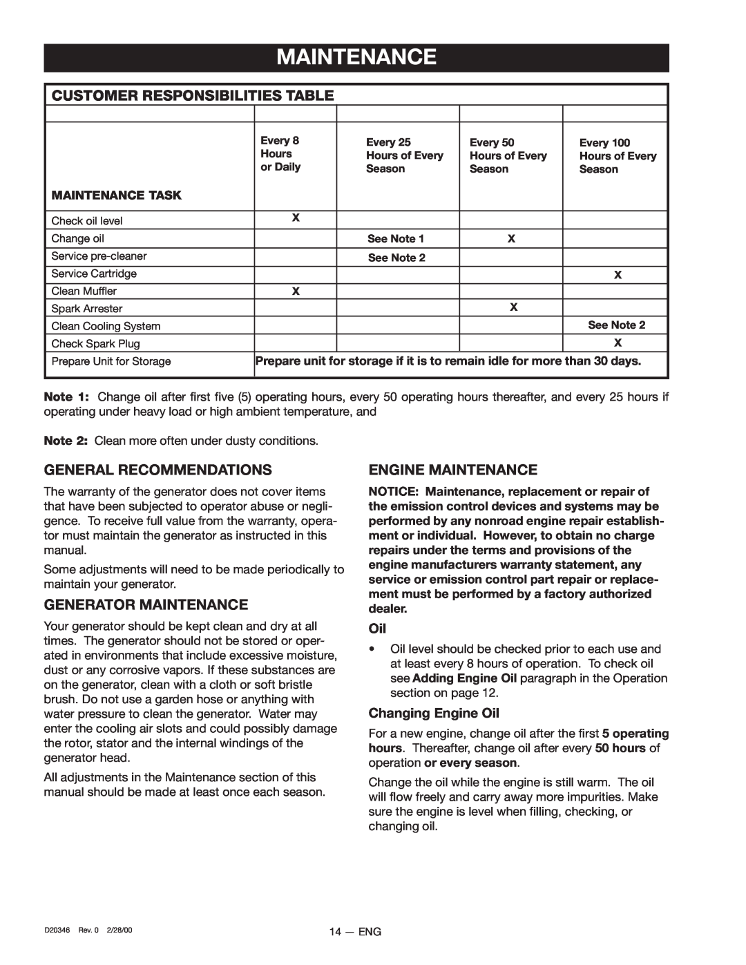Craftsman 919.670031 Customer Responsibilities Table, General Recommendations, Generator Maintenance, Maintenance Task 