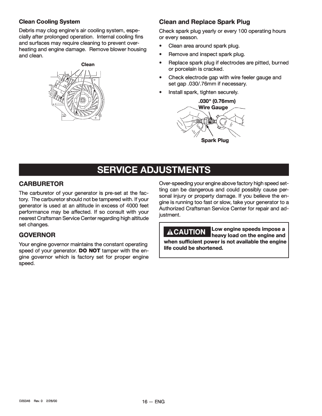 Craftsman 919.670031, D20346 Service Adjustments, Clean and Replace Spark Plug, Carburetor, Governor, Clean Cooling System 