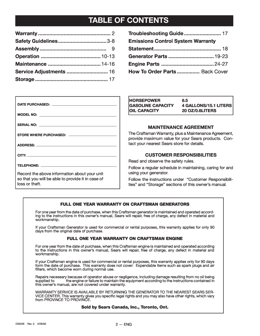 Craftsman 919.670031 Table Of Contents, Safety Guidelines, Assembly, Operation, Maintenance, Storage, Warranty, Horsepower 